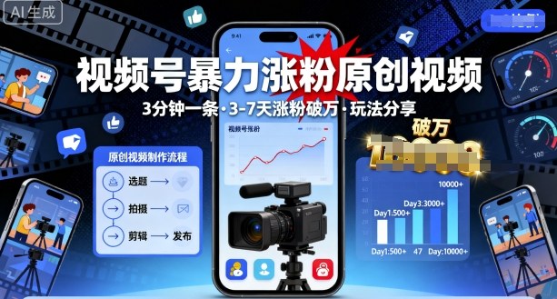 视频号暴力涨粉原创视频，3分钟一条原创视频，3-7天涨粉破万，玩法分享给你-卓别林资源社