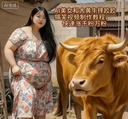 AI美女和大黄牛摔跤搞笑荒诞视频制作教程，快速涨千粉万粉-卓别林资源社