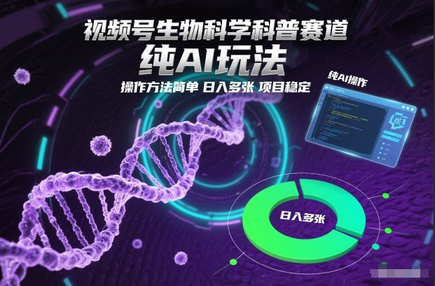 视频号生物科学科普赛道,纯AI玩法,操作方法简单,日入多张,项目稳定-卓别林资源社