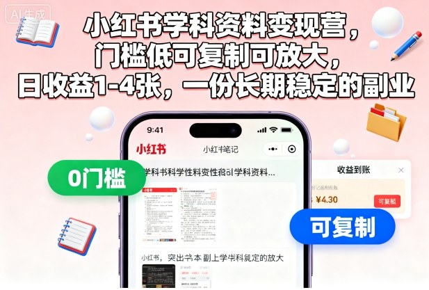 小红书学科资料变现营，门槛低可复制可放大，日收益1-4张，一份长期稳定的副业-卓别林资源社
