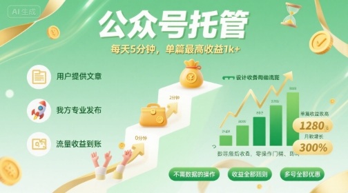 【公众号托管 】我提供文章，你发布，每天5分钟，单篇最高收益1k+【揭秘】-卓别林资源社