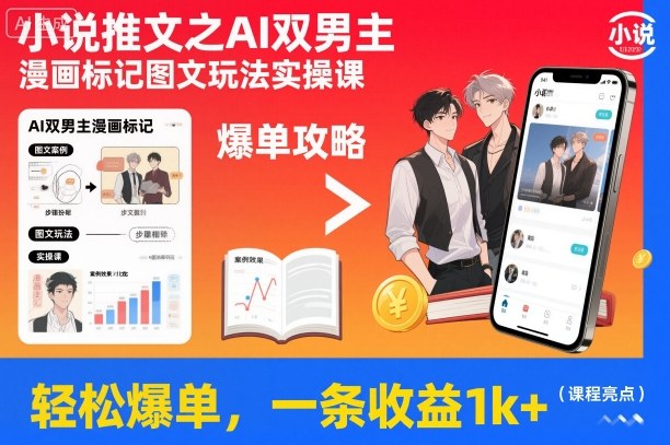 小说推文之AI双男主漫画标记图文玩法实操课,轻松爆单,一条收益1k+-卓别林资源社