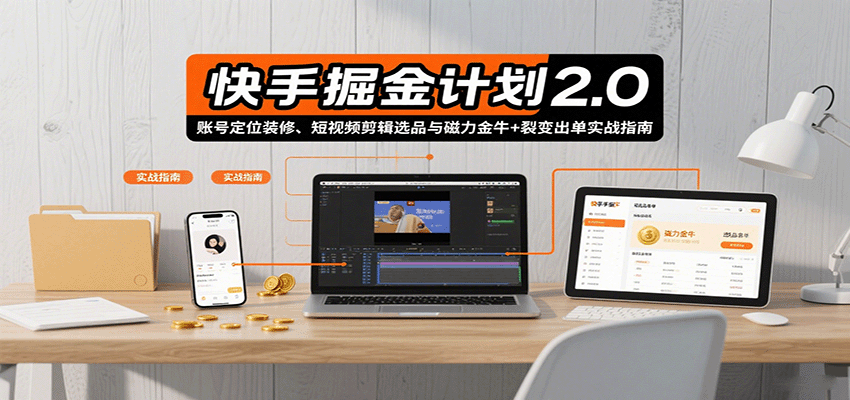 快手掘金计划2.0，账号定位装修、短视频剪辑选品与磁力金牛+裂变出单实战指南-卓别林资源社
