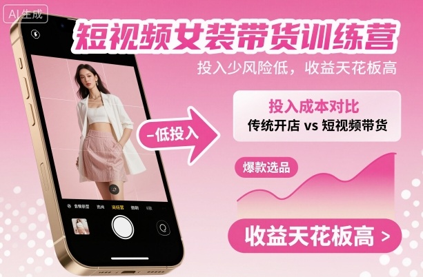 短视频女装带货训练营，投入少风险低，收益天花板高-卓别林资源社