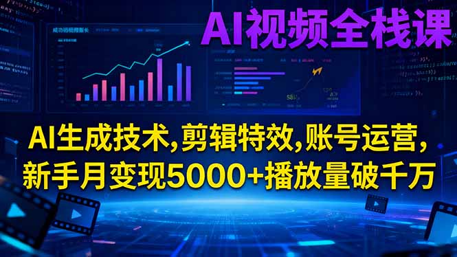 AI视频全栈课:AI生成技术,剪辑特效,账号运营,新手月变现5000+播放量破千万-卓别林资源社