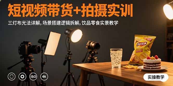 短视频带货+拍摄实训：三灯布光法详解,场景搭建逻辑拆解,饮品零食实景教学-卓别林资源社