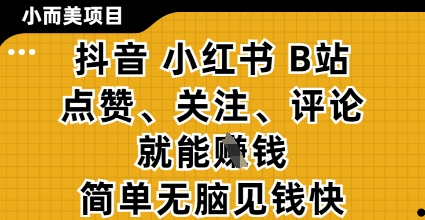 小而美的项目，抖音小红书B站视频点赞、关注、评论就能挣钱，简单无脑立见收益，妥妥的零撸项目【揭秘】-卓别林资源社