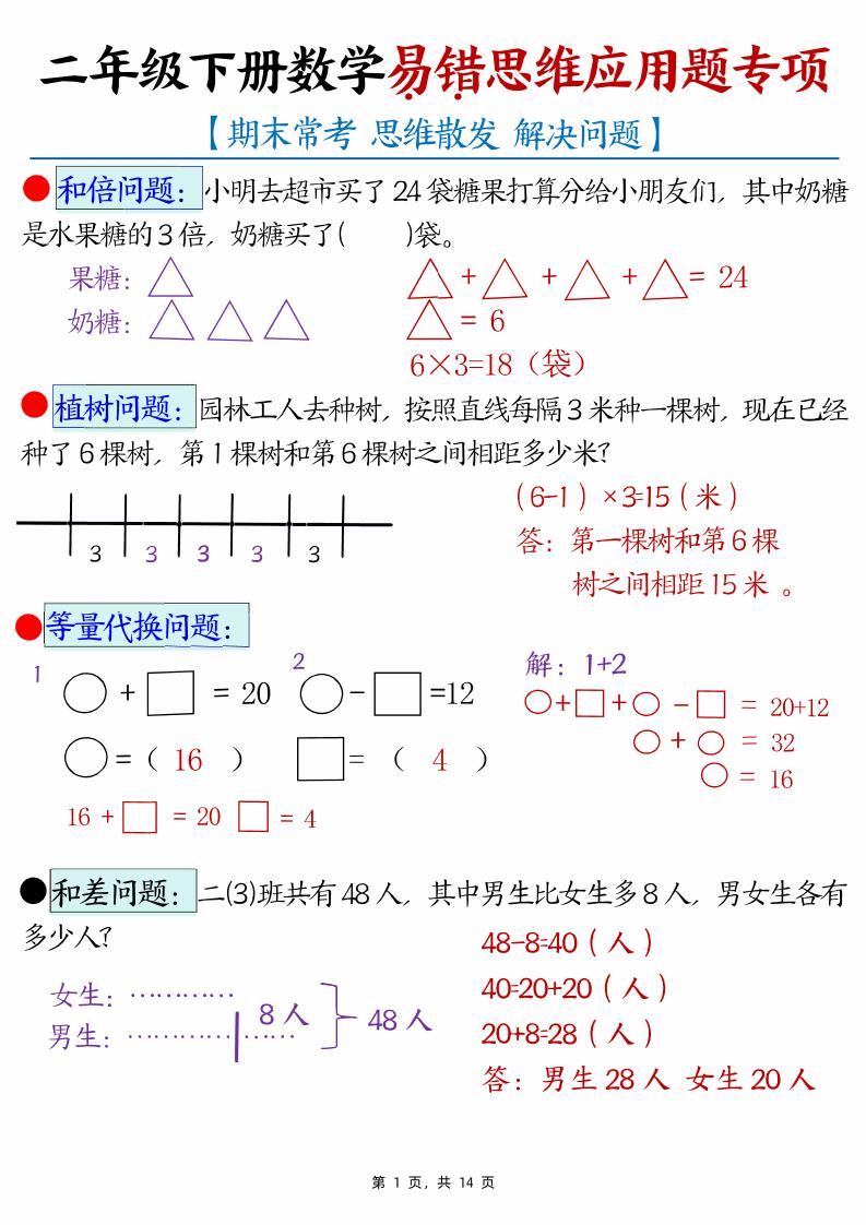 二下数学易错思维应用题专项（28道母题）练习+答案版14页-卓别林资源社