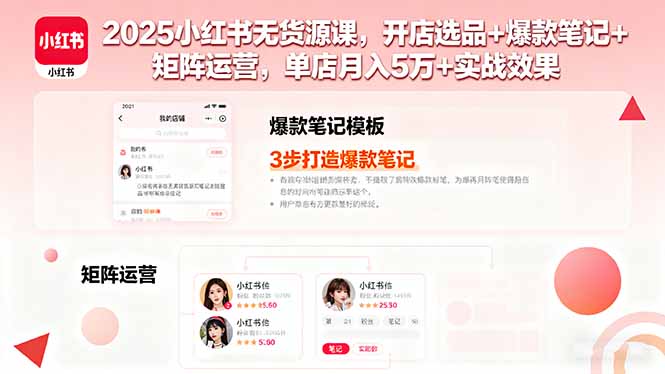 2025小红书无货源课，开店选品+爆款笔记+矩阵运营，单店月入5万+实战效果-卓别林资源社