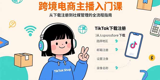跨境电商主播入门课，TikTok下载注册，支付工具配置，社媒账号管理全流程-卓别林资源社