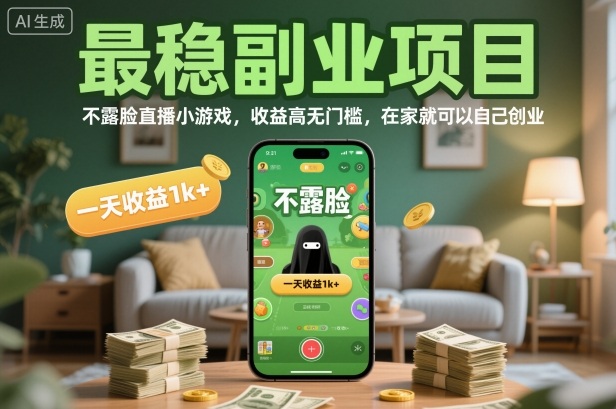 最稳副业项目，不露脸直播小游戏，收益高无门槛，一天收益1k+，在家就可以自己创业【揭秘】-卓别林资源社