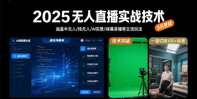 2025无人直播实战技术-8月，涵盖半无人/纯无人/AI实景/绿幕录播等主流玩法-卓别林资源社