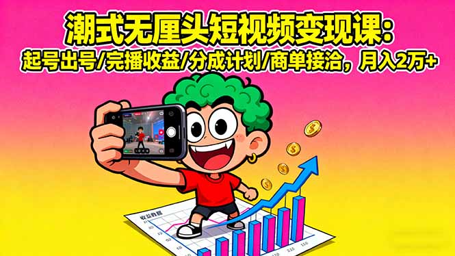 潮式无厘头短视频变现课：起号出号/完播收益/分成计划/商单接洽，月入2万+-卓别林资源社