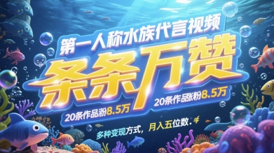 第一人称水族代言视频，条条万赞，20条作品涨粉7.8W，多种变现方式月入五位数-卓别林资源社